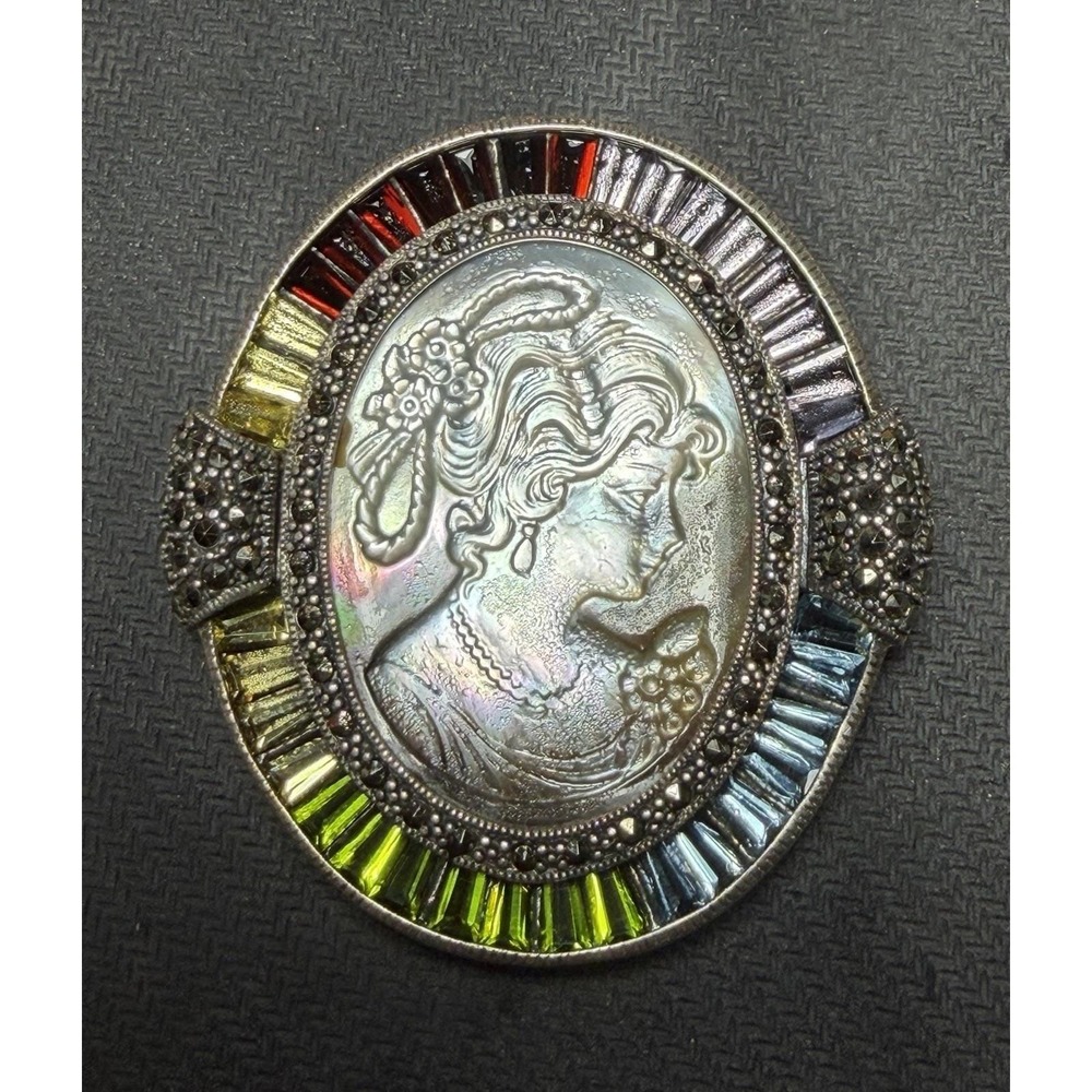Vintage 925 Sterling Silver Cameo Brooch Pendant MOP Marcasite 37g
